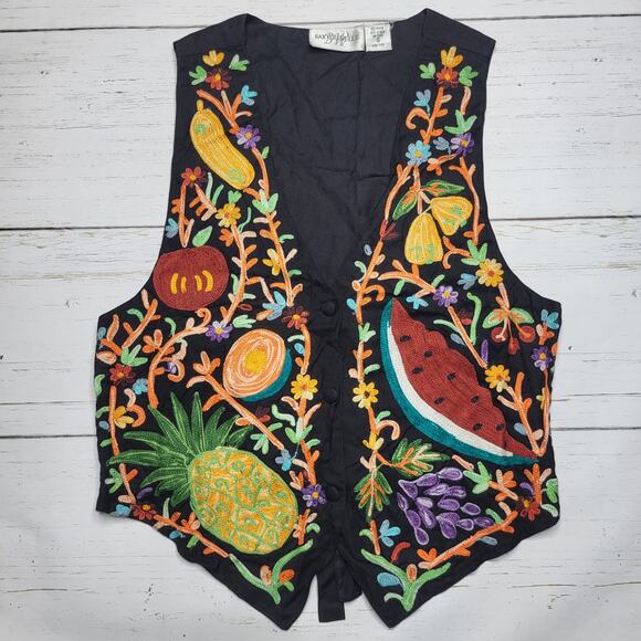 Vintage Baxter & Wells Embroidered Vest Watermelon Pineapple Fruit Bright Small - Picture 2 of 8